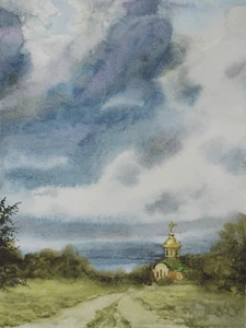 Landscape Ukrainian Church Art Original Watercolor Painting Nature Country Cloud - Picture 1 of 9