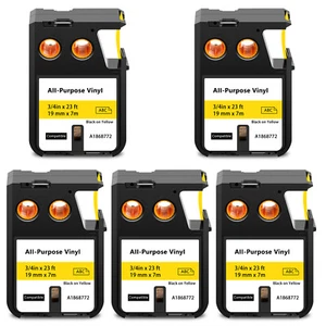 5PK Black on Yellow All-Purpose Vinyl Label 1868772 for DYMO XTL-300 500 19mm - Picture 1 of 4