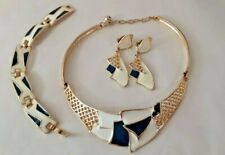 Vintage gold tone enamel necklace clip on earrings bracelet set