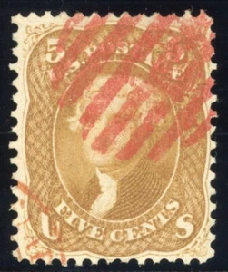 United States 1861 5c Jefferson Sc#67 Used VF/XF Red Grid Cancel w/ Cert RARE 💥 - Picture 1 of 3
