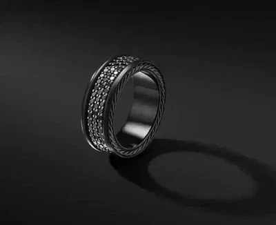 Anillo de boda redondo de 2 quilates enchapado en oro negro de 14 quilates con diamantes negros creados en laboratorio para hombre Foto 1 de 4