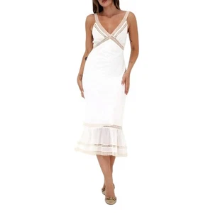 Rumored White Lace Plunge Neck Backless Midi Dress Size 6 Rosita Wedding Bridal - Picture 1 of 6