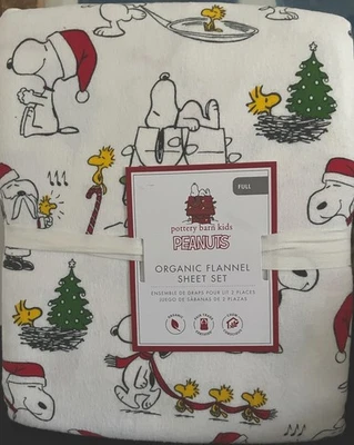 NEW Pottery Barn Kids FLANNEL Peanuts FULL Sheet Set Holiday Christmas Snoopy - Image 1 of 2