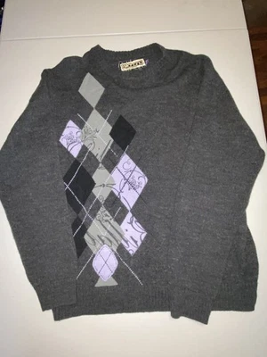 Billabong Sweater Mens XL Gray Purple Check Spell Out Wool Blend Crew Neck Logo - Image 1 of 4