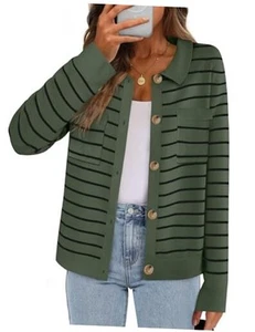 Women's 2024 Fall Knit Striped Long Sleeve Sweater Open Medium Army Green - Picture 1 of 7