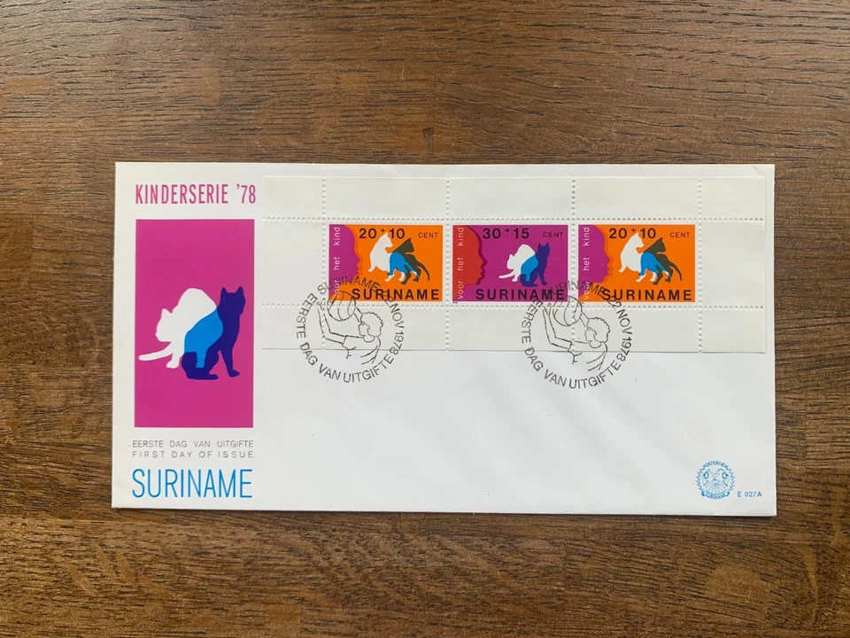 SURINAME 1978 FDC CHILD WELFARE CATS STRIP - Image 1 of 1
