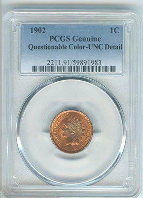 1902 Indian Head Cent PCGS Genuine Questionable Color UNC Certified Coin- RK127 - Image 1 of 2