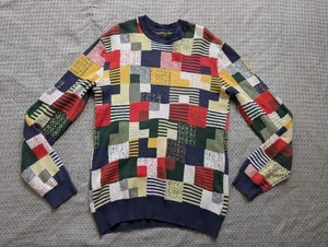 O'Hanlon Mills Sweater Mens Large Navy Multicolor Patchwork Cotton Knit Crewneck - Picture 1 of 13