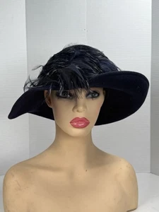 Vintage Blue Black Feather Hat Marche’ Exclusive Doeskin Wool Felt - Picture 1 of 24