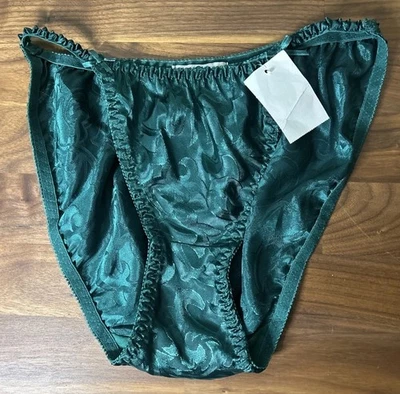 Vtg String Bikini PANTIES SATIN Second Skin Green Bow Sz M NWT Shiny Floral - Image 1 of 4