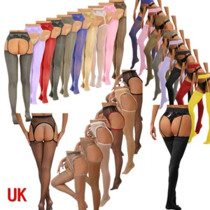 UK Women's Shiny Thigh High Stocking Lace Garter Belt Suspender Pantyhose Tights - Picture 1 of 245