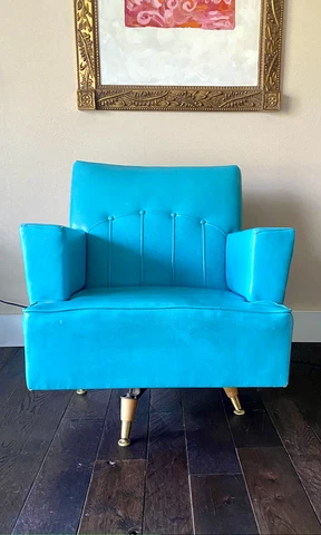 Mid Century Modern Swivel Arm Chair Turquoise Blue, Metal Legs Original 1950's Cover