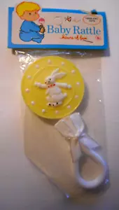 Vintage Baby BUNNY RABBIT Rattle Handle Hard Plastic New Old Stock 5" Hong Kong - Picture 1 of 5