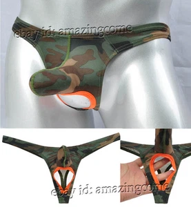 Men Camouflage Ball Hole Thong Underwear Bikini Nuts Out Long Pouch T-Back Pants - Picture 1 of 4