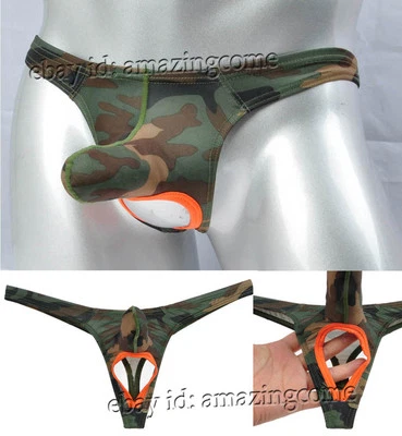Men Camouflage Ball Hole Thong Underwear Bikini Nuts Out Long Pouch T-Back Pants - Image 1 of 4