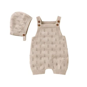 Baby Knit Romper 100% Cotton Jumpsuit Sleeveless with Hat Newborn Outfits Ove... - Picture 1 of 8
