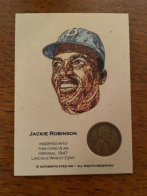 AUTHENTICATED INK JACKIE ROBINSON BROOK DODGERS BASEBALL CARD 1947 WHEAT PENNY - Image 1 of 2