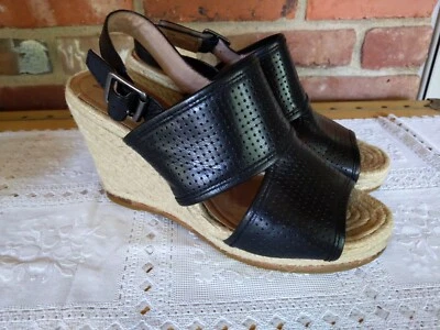 Women's BIALA Black Perforated Leather Slingback Espadrille Wedges Size 39 M - Image 1 of 4