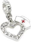 Sterling Silver Cubic Zirconia RN Nurse Cap Hat European Dangle Heart Bead...
