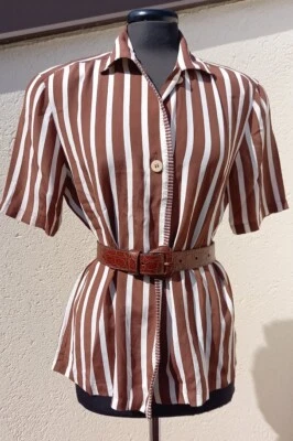 INTERNATIONAL Topwear B.V.M. camicia misto seta righe marrone bianca vintage 70 - Immagine 1 di 4