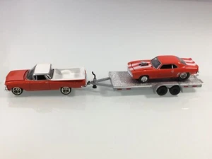HOT WHEELS ‘59 CHEVY EL CAMINO and ‘69 CHEVY CAMARO PRO STREET with CAR TRAILER - Picture 1 of 10