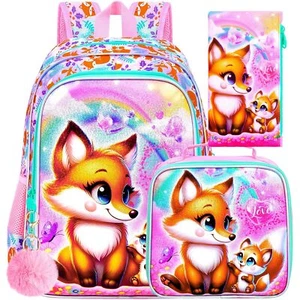 3PCS Fox Backpack Set 16" Kids Water-Resistant School Bag & Lunch Box for Girls - Picture 1 of 6