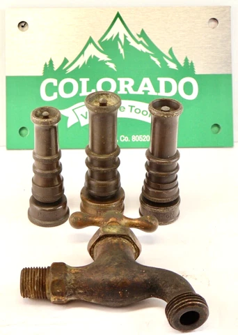 (4) Vintage Garden Tools / (3) Brass Hose Nozzles + (1) Brass Spigot / Boston Cover