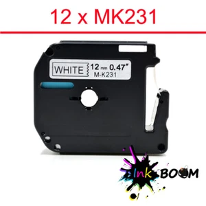 12PK Label Negro Sobre Blanco Compatible con Cinta P-Touch Brother MK231 12mm x 8m - Imagen 1 de 1