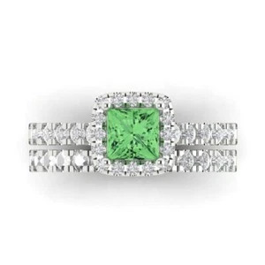 14K Simulated Green Diamond White Gold Engagement Ring & Band Set (1.56 cttw) - Picture 1 of 5
