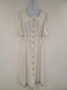 Vintage Dress White Long Smart Retro Button Front Pockets Size 16 Linen Blend - Picture 1 of 20