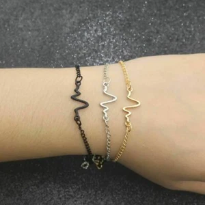 ECG HeartBeat Rhythm Couple Lovers Titanium Steel EKG Bracelets Charm Jewelry - Picture 1 of 11