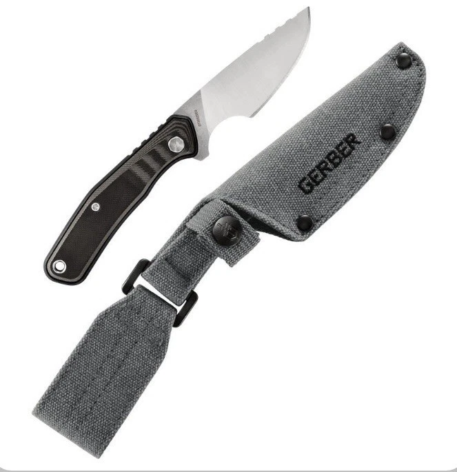 Gerber Downwind Caper Black Fxed Blade Knife Plain Edge w/Waxed Cnvs Sheath B5S2