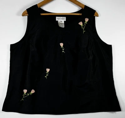 Rena Rowan Silk Blouse Women's 16W Black Pink Floral Embroidered Sleeveless Top - Image 1 of 4