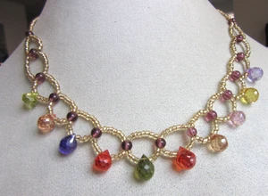 Gold seed bead necklace with multicolored briolette glass charms - 17" long - Picture 1 of 5