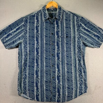 Винтажная гавайская рубашка Guess Jeans на пуговицах мужская большая синяя с полным принтом 90-е - Изображение 1 из 4