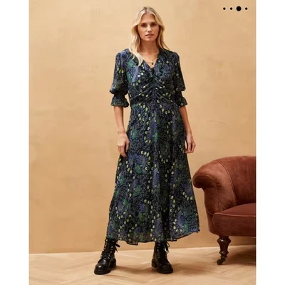Brora Silk Ruched Floral Dress Women 10 Romantic Cottagecore Autumn Boho Wedding - Image 1 of 4