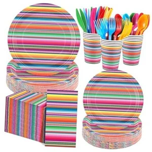 400 Pcs Mexican Party Supplies Mexico Stripes Disposable Paper Plates Napkins - Picture 1 of 6