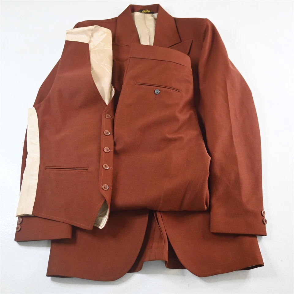 Vtg USA Made 3 Piece 38L 28x28 Orange Vest Mens Jacket Pants Suit - Image 1 of 4