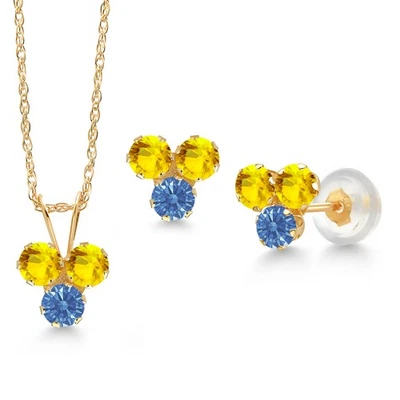 Colgante de 3 piedras de oro amarillo de 14K con zafiro amarillo y circonitas azules de lujo Foto 1 de 3