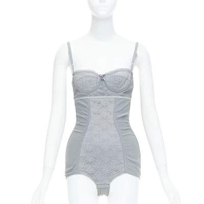 DOLCE GABBANA Vintage grey bow lace fitted boned bustier bodysuit top IT38 XS - Image 1 of 4