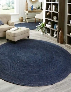Handame Jute Blue Round Area Rug Reversible Braided Rug Carpet Home Decor Rug AU - Picture 1 of 10