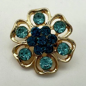 Gold Tone And Blue Rhinestone Brooch-1” Wide x 1” Tall - Picture 1 of 4