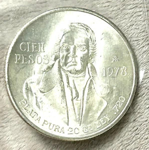 1978 MEXICIAN 100 CIEN PESO SILVER 72% COIN - BRILLANT UNCIRCULATED - Picture 1 of 2