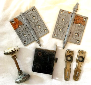 6 pc Antique Hardware Salvaged Repair Refurb - 4.5x4.5 Hinges, Knobs/Door Parts - Picture 1 of 13