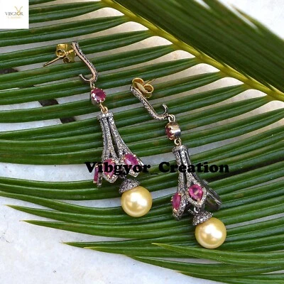 Pave Diamond Ruby Dangle Earrings 925 Solid Silver Pearl Earrings Christmas Gift - Image 1 of 2