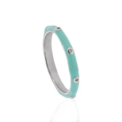 Anello fedina in argento 925 rodiato con smalto turchese e zirconi bianchi - Immagine 1 di 2