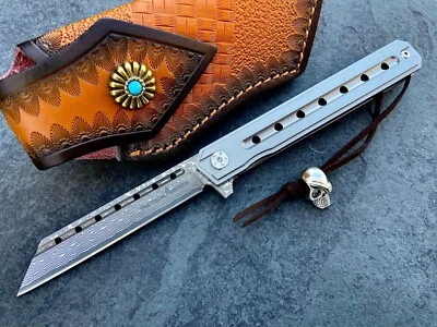 Full Tc4 Titanium EDC Folding Knife! Damascus Steel Tanto Blade! Ball Bearing! - Image 1 of 4