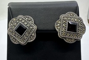 925 Signed Judith Jack Onyx Marcasite Post Earrings - Picture 1 of 4