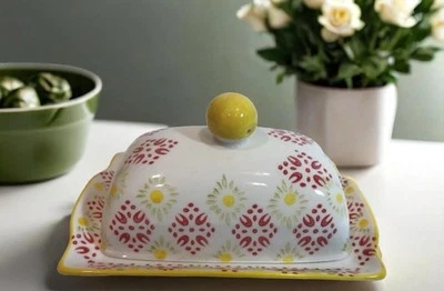 Signature Housewares Print 8 Butter Dish Red Yellow Green Floral Geometric - Image 1 of 4