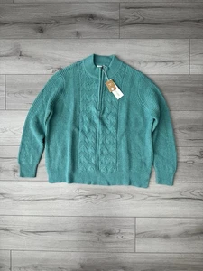 Woolovers pointelle zip neck jumper samphire Green size XL wool cotton blend - Picture 1 of 5